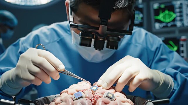 Male surgeon in blue scrubs performs intricate brain surgery with precision instruments, illuminated by surgical lights in a modern operating room setting