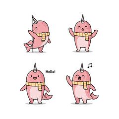 Cartoon narwhal characters in different poses with scarf and greeting © Salma