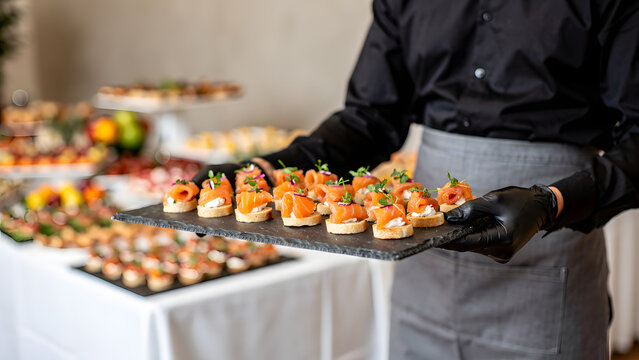Catering Professional Serving Salmon Canapes