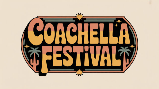 Vibrant coachella festival logo with palm trees and cacti on beige background