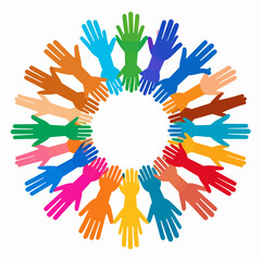 Fototapeta premium Vibrant illustration of colorful diverse hands forming a circle of unity and diversity, viewed from above, showcasing inclusive cooperation in a clean white graphic environment