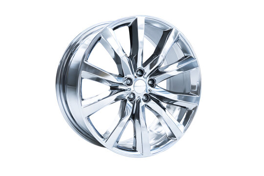 Wheel Alloy car wheels rim shiny silver chrome isolated on transparent cut out PNG background. Mag wheel high performance auto part decoration. Car silver accessories transport vehicles transportation