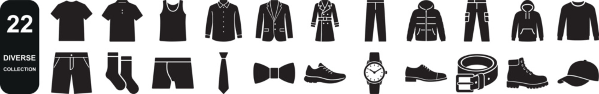 Modern bold men clothing icon set editable stroke.