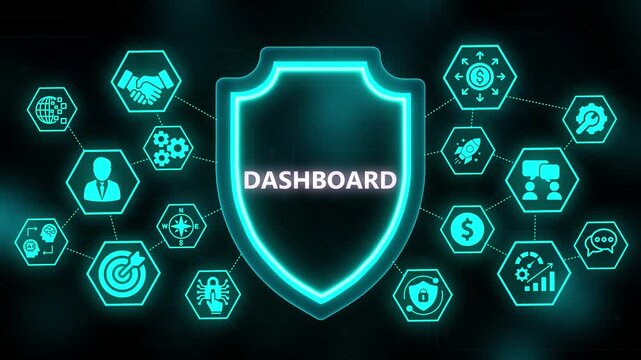 Glowing Shield with DASHBOARD Text and Network of Hexagonal Icons Symbolizing Business Intelligence and Analytics