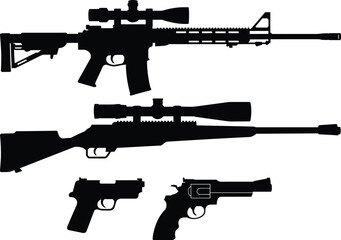 Black firearm silhouette set featuring assault rifle, sniper rifle, semi-automatic pistols, and revolver, perfect for weapon design, security, military, hunting, and educational projects