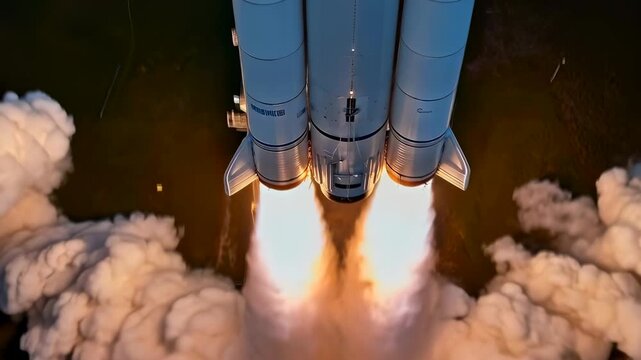 Aerial rocket launch engines blazing launchpad closeup overhead shot of heavylift boosters igniting into roaring orange flame, dense white smoke and vapor enveloping service towers, metal tanks