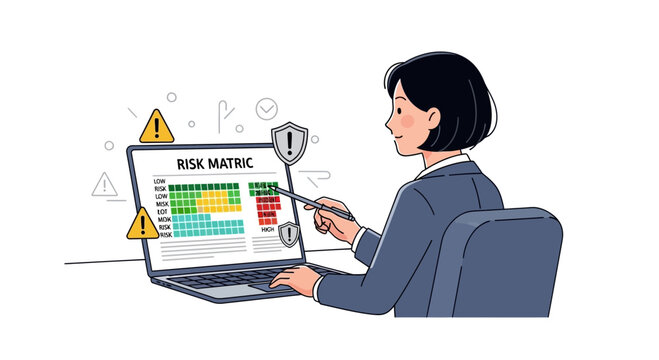 Woman analyzing risk matrix on laptop screen for business analysis concept