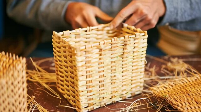 Craftsman skillfully weaving a rustic basket with natural materials and attention to detail.