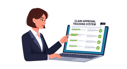Woman reviews claim approval on laptop screen vector illustration