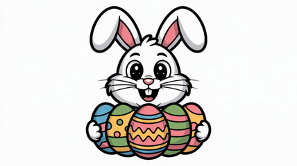 Smiling easter bunny holding colorful eggs festive spring holiday cartoon character with joyful expression