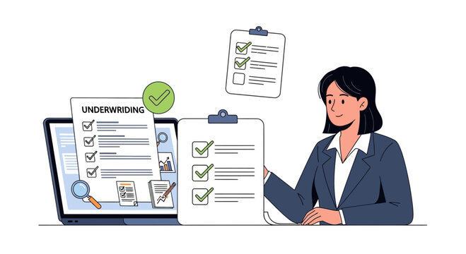 Woman reviewing documents on laptop for underwriting process concept