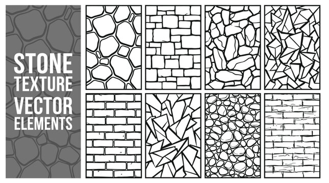 Stone Texture Vector Set: Hand Drawn Brick, Cobblestone, and Geometric Rock Patterns.
