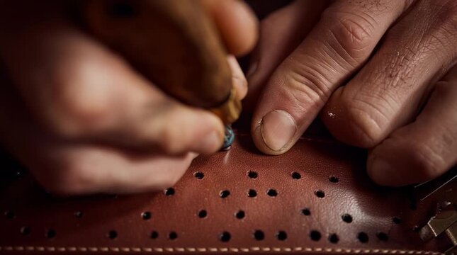 Close-up of skilled hands creating detailed leatherwork with precision tools.