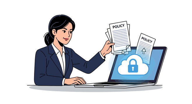 Woman uploading policy documents to secure cloud computing platform