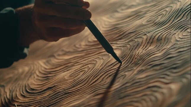 Artisan hand carving intricate patterns on wooden surface with a fine tool.
