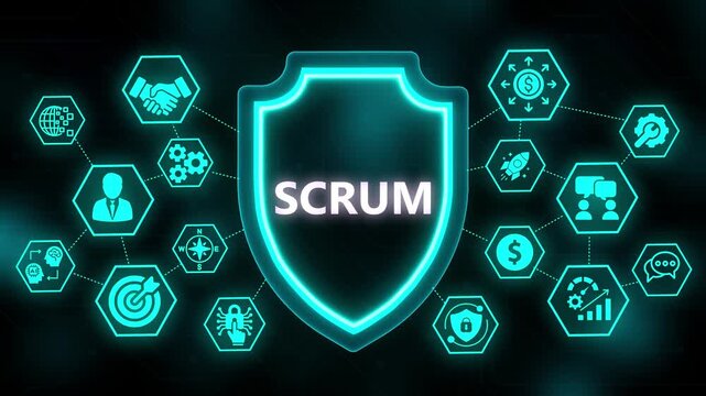 Scrum Methodology Shield with Connected Icons Representing Project Management Concepts agile