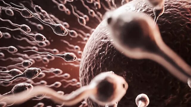 Fertilization Process Microscopic View Sperm Cells Approaching Egg Cell For Reproduction Concept