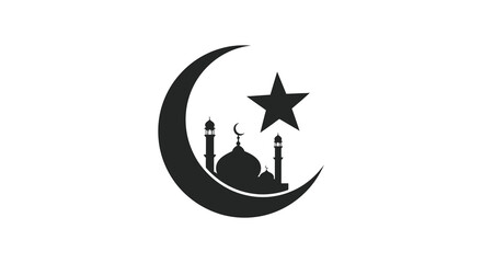 A striking silhouette depicts an islamic crescent moon and star with a mosque skyline below high quality professional