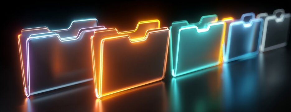 Neon illuminated digital folders in a row on dark reflective surface  