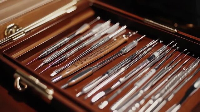 A beautifully arranged set of precision tools in a wooden case, showcasing craftsmanship and detail