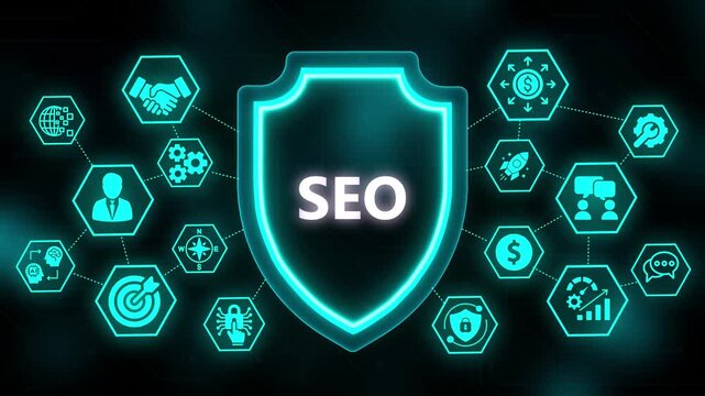 Digital shield with SEO icons and glowing neon outline on dark background search engine optimization