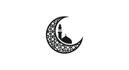 Obraz premium A striking black silhouette depicts a crescent moon adorned with an intricate mosque design symbolizing faith high quality