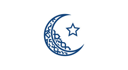 An illustrative depiction showcases a dark blue crescent moon accompanied by a five pointed star on a white background