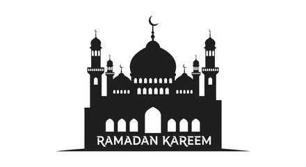 A striking silhouette of a mosque adorned with a crescent moon accompanied by the text ramadan kareem © nhpvect02