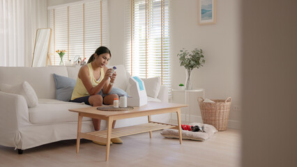 Fototapeta na wymiar Young asia people woman buy custom tailor made anti aging pill bottle diet immune plan online health care shop open gift box weight loss herbal. Unbox order store clinic home service life balance.