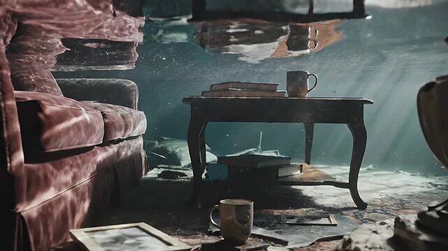 Flooded Living Room Interior with Furniture Submerged Underwater Dramatic Lighting