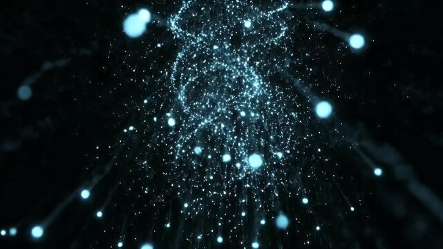 Swirling luminous particles emanate from a central point, trailing light