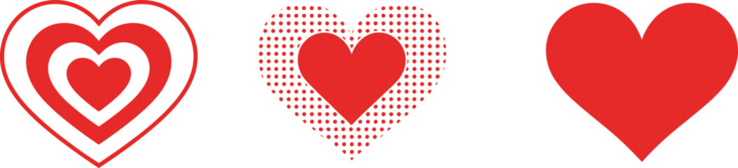 Set of Three Red Heart Icons Variations, Concentric Double Heart, Dotted Halftone Heart, Solid Classic Heart, Valentine Love Romantic Symbols Vector Illustration