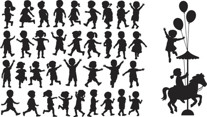 Obraz premium Children silhouettes collection playing running jumping with carousel horse and balloons, happy childhood fun black shadow flat vector illustration