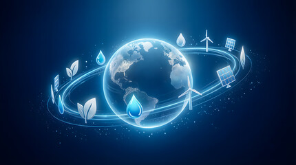 Glowing Earth globe surrounded by floating eco-friendly icons and renewable energy symbols.