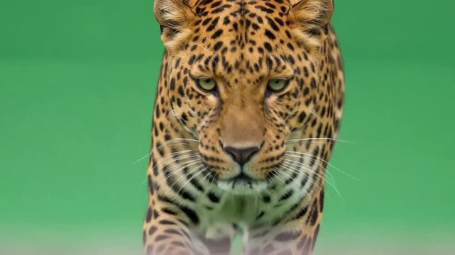 Close up portrait of a powerful leopard with intense eyes and distinctive fur markings on a vibrant green background.