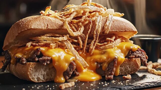 Mouthwatering Beef & Melted Cheese Sub Sandwich Piled High with Crispy Golden Onion Strings, Presented on a Dark Slate Board