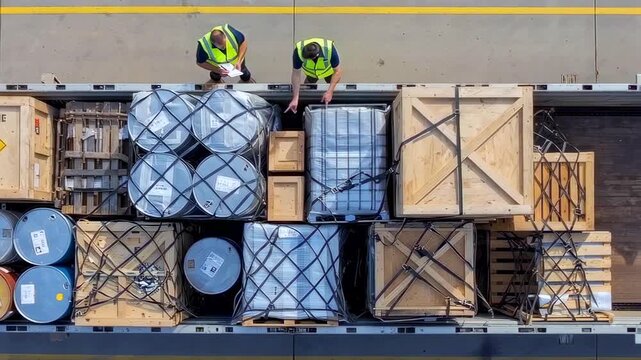 Aerial view cargo loaded railcar platform two workers in highvisibility vests inspecting crates and drums checking manifest and securing straps wooden crates and plasticwrapped pallets organized