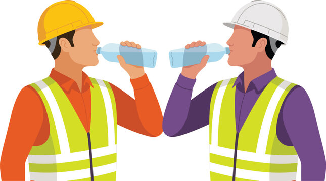 Construction Workers Drinking Water to Stay Hydrated, Concept of Occupational Health Safety, Heat Exhaustion Prevention, Workplace Wellness, and Industrial Safety Culture Vector Illustration