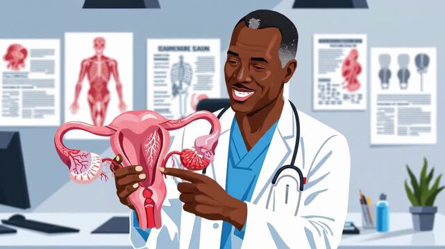 Black Male Doctor Holding Uterus Model Cartoon Animation Scene Of Black Gynecologist Teaching Anatomy In Bright Clinic, Pointing To Ovaries And Fallopian Tubes, Anatomical Posters And Computer.