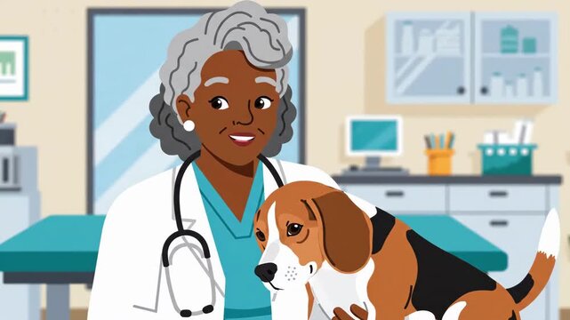 Black Female Vet In Clinic Hugging Beagle Dog, Warm Affectionate Exam With Gentle Hands, Stethoscope Around Neck, Wagging Tail And Bright Eyes, Comforting Connection, Thorough Wellness Assessment.