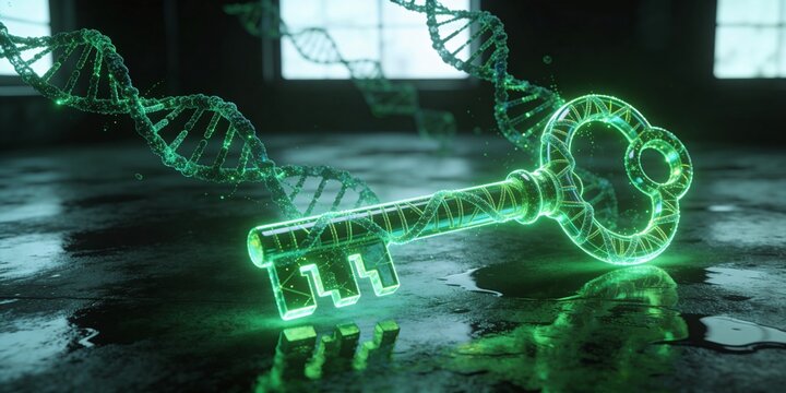 Holographic green DNA access key with floating helix strands on wet floor background, futuristic cybersecurity encryption and genetic privacy concept banner