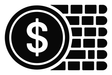 Black and white icon of a dollar coin next to a brick wall pattern