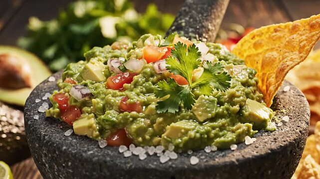 Freshly made guacamole in a traditional molcajete with tortilla chips, close-up. Authentic Mexican appetizer with avocado, tomato, onion, and cilan...