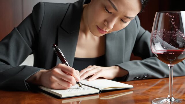 Asian businesswoman writing notes in diary with red wine glass nearby, preceded by pouring wine into silver tasting bowl, depicting sommelier critique or elegant evening work session