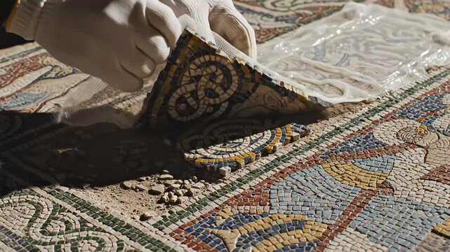 Close-up of archaeologist hands in gloves carefully lifting and preserving section of ancient mosaic floor with tesserae patterns during restoration and conservation work at historical site