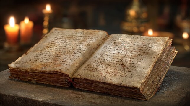 Open Siddur on a Table Surrounded by Candlelight With Yellowed Pages and Blurred Text in a Dimly Lit Space
