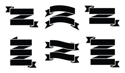 Collection of Black Ribbon Banners and Labels on White Background