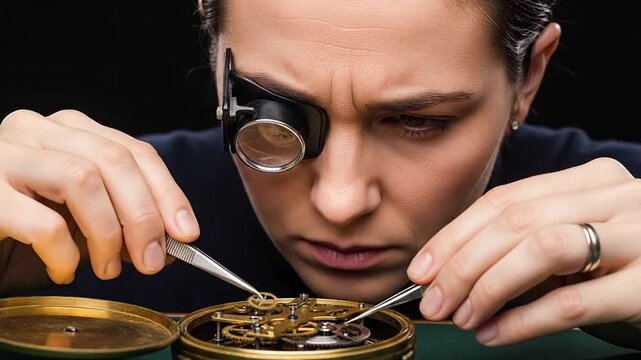 Skilled watchmaker meticulously repairing a delicate watch movement with fine tweezers and magnifying eyeglass in a focused workshop environment.