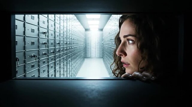 Serious young woman looking intently into a dark, mysterious bank vault with rows of safe deposit boxes, conveying curiosity and intrigue.