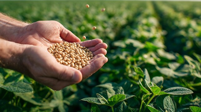 Farmer holding fresh soybeans in hands over a green field